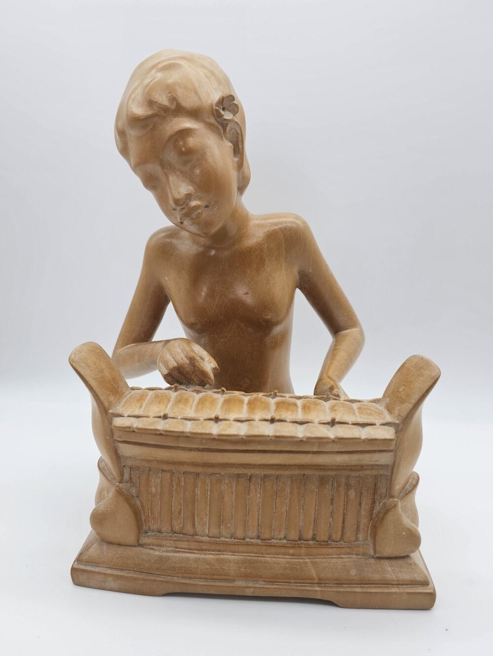 Vintage Hand Carved Satin Wood Girl Playing The Panerus Signed Balik
